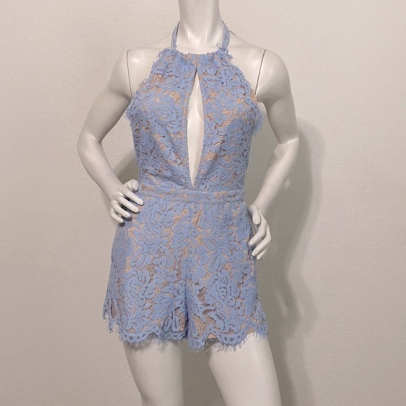Do + Be Light Blue Lace Front Cutout Sleeveless Open Back Halter Romper Size S - Picture 2 of 7